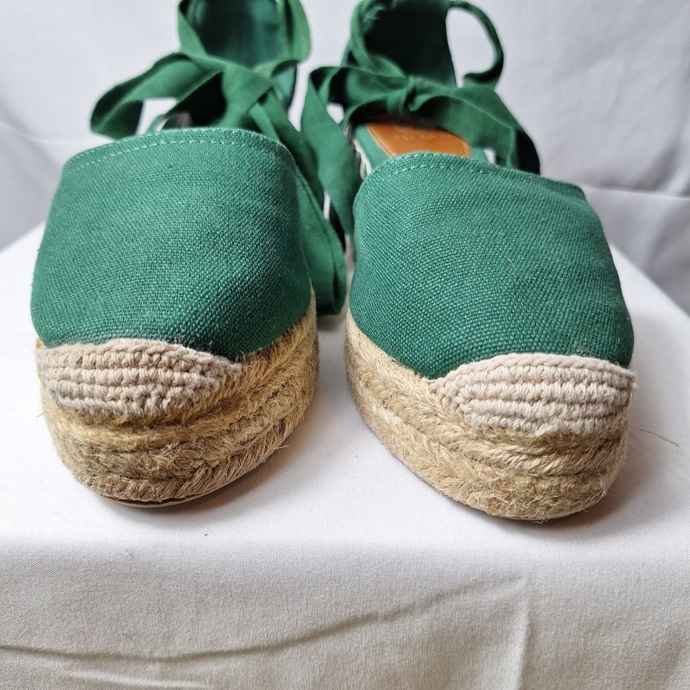 TALBOTS Izzy d'Orsay Tie-Ankle Espadrille Wedge Sz 7.5 Green Canvas Coastal Beac - Picture 3 of 10